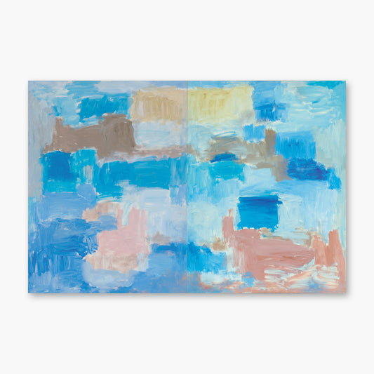 This is a hand-painted original and a one-of-a-kind collector's item. The several beige colors and shapes are reiterated in compliment by the several blue tones and shapes. Tom Kranjac "Bichon Blu" 2004 Acrylic on Canvas 72” x 48” (Diptych)